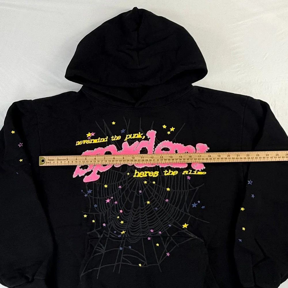 Sp5der Worldwide Nevermind the Punk Hoodie Black Pink Puff Print Large